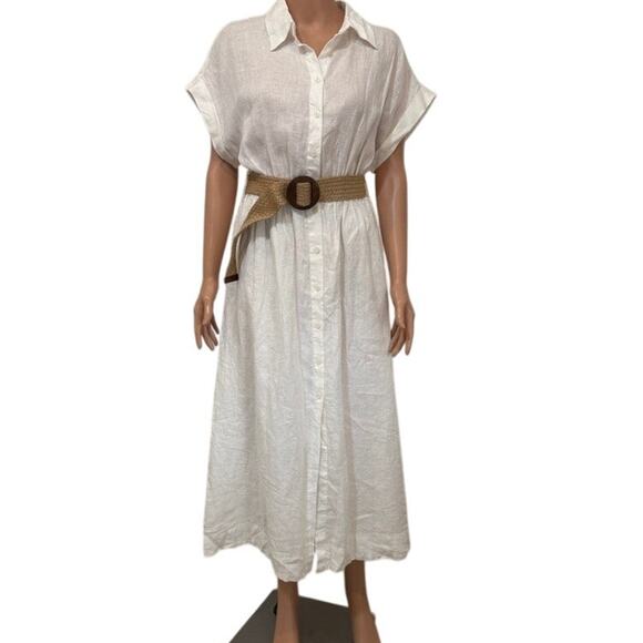 MNG medium Laia linen cap sleeve belted shirt midi dress D1 3066 - Picture 14 of 14